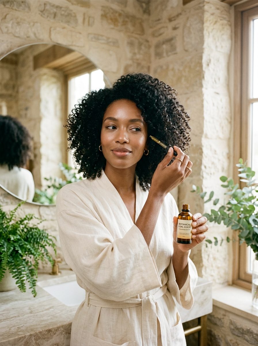 Intimate hair self-care: Black woman holding a botanical hair elixir and glass dropper in warm morning light