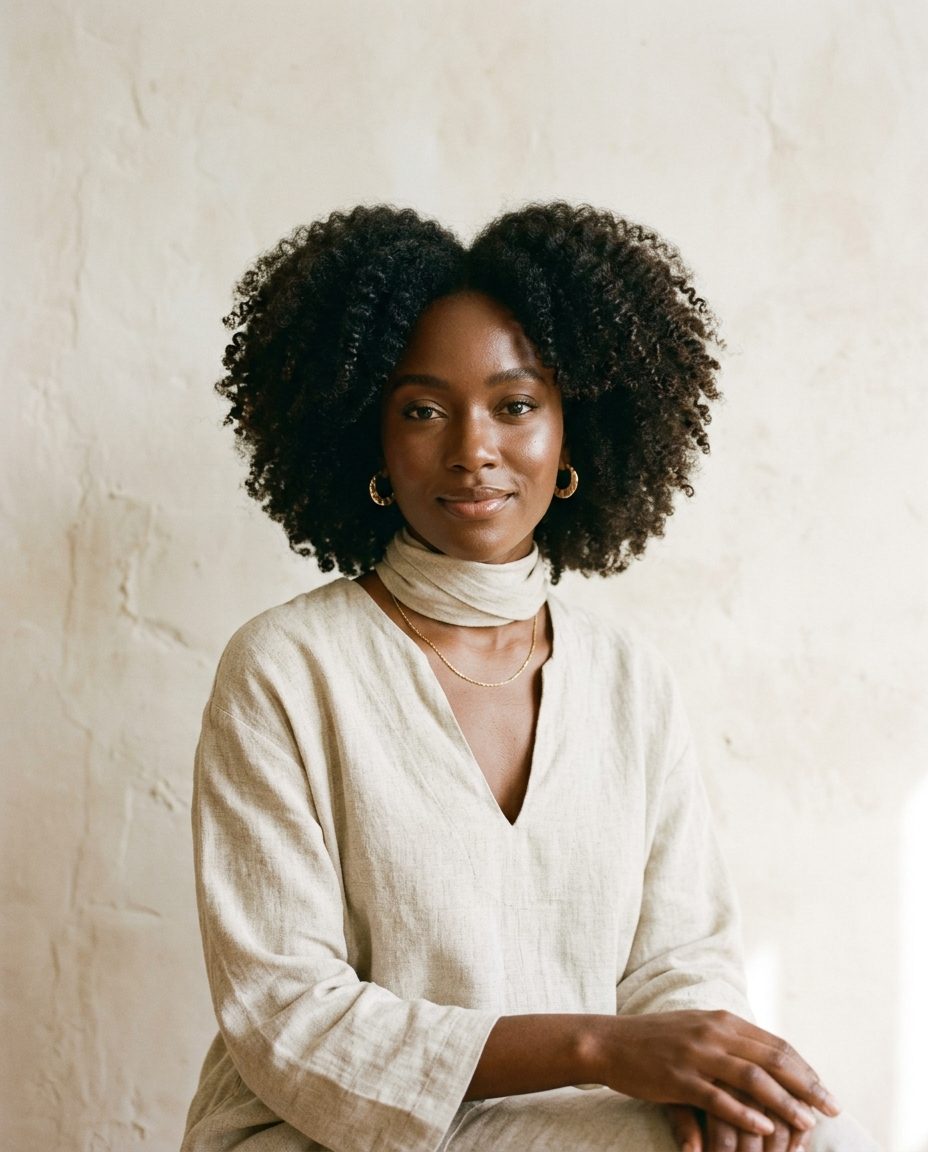 Poised Black woman with lush, deeply moisturized 4A/4B/4C natural coily hair