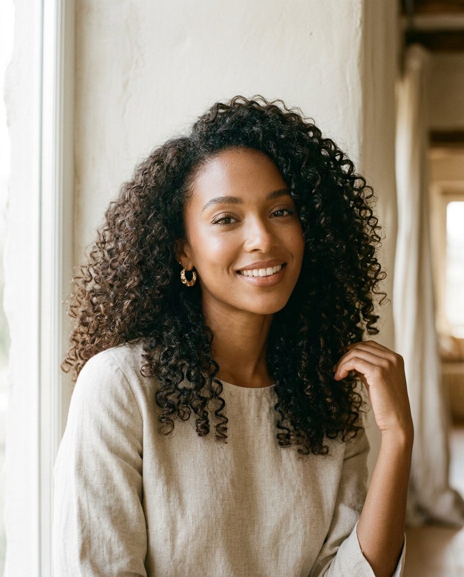 Radiant Black woman with defined, bouncy 3B/3C curly hair in natural morning light