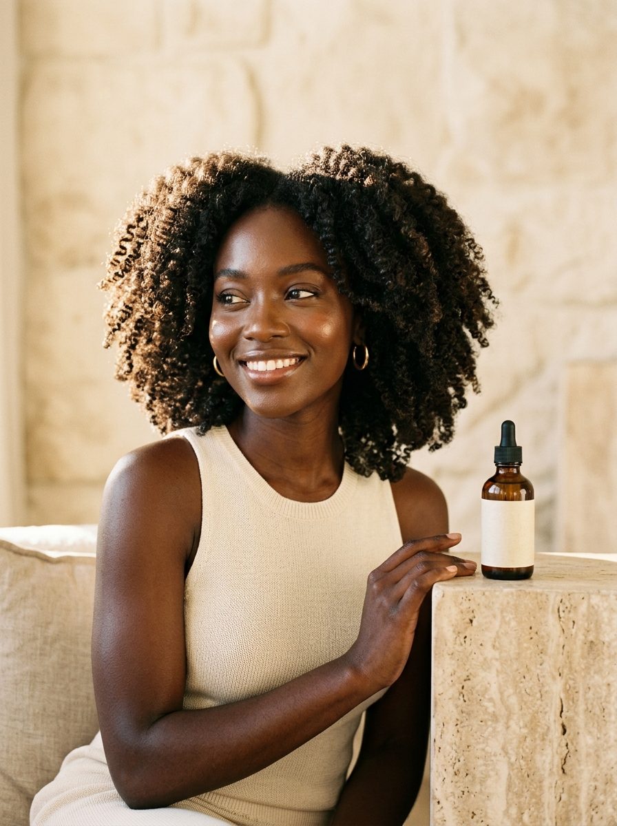 Radiant Black woman with healthy, full natural coily hair and an unbranded amber cosmetic bottle